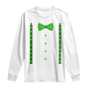 Bow Tie Suspenders St Patricks Day Costume Long Sleeve Shirt Funny Irish Shamrock Clovers TS10 White Print Your Wear