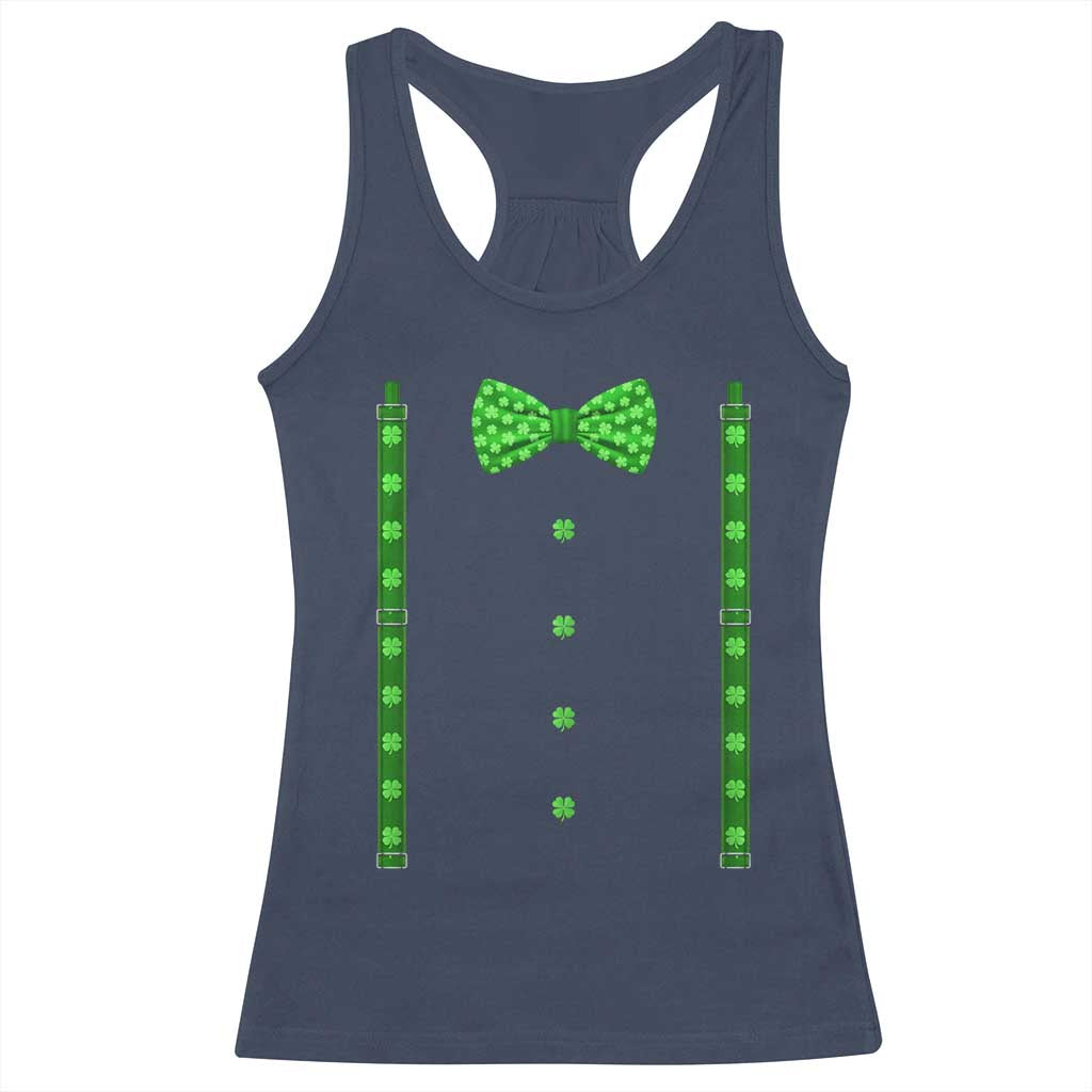 Bow Tie Suspenders St Patricks Day Costume Racerback Tank Top Funny Irish Shamrock Clovers TS10 Navy Print Your Wear