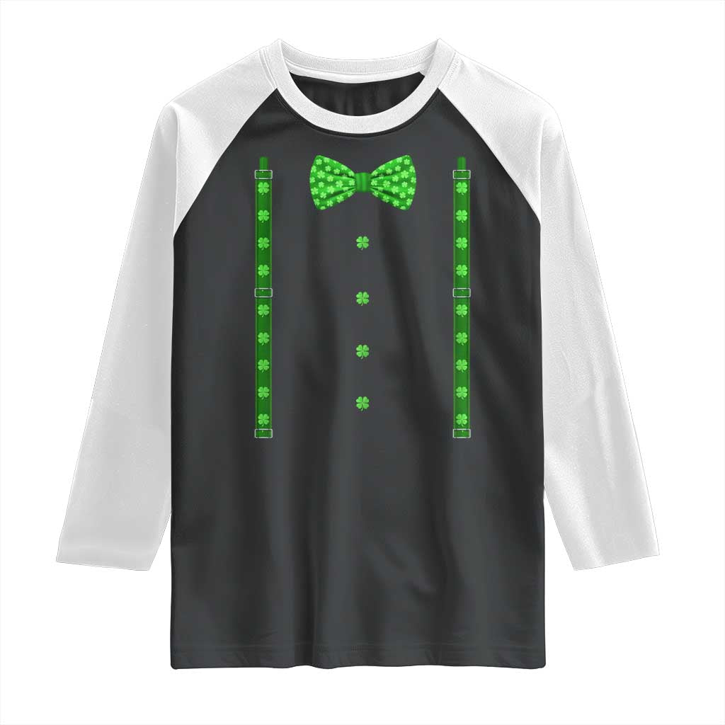 Bow Tie Suspenders St Patricks Day Costume Raglan Shirt Funny Irish Shamrock Clovers TS10 Black White Print Your Wear