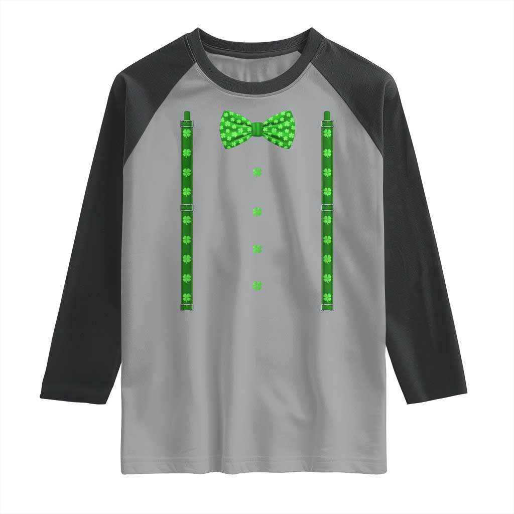 Bow Tie Suspenders St Patricks Day Costume Raglan Shirt Funny Irish Shamrock Clovers TS10 Sport Gray Black Print Your Wear