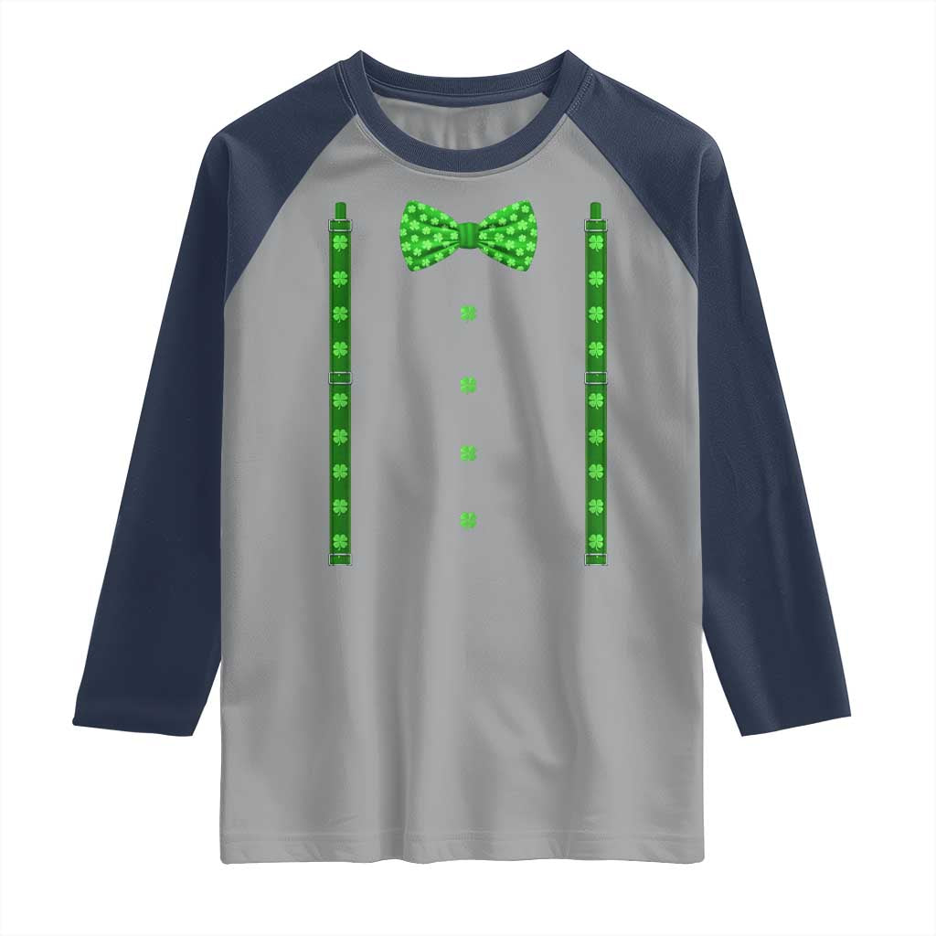 Bow Tie Suspenders St Patricks Day Costume Raglan Shirt Funny Irish Shamrock Clovers TS10 Sport Gray Navy Print Your Wear