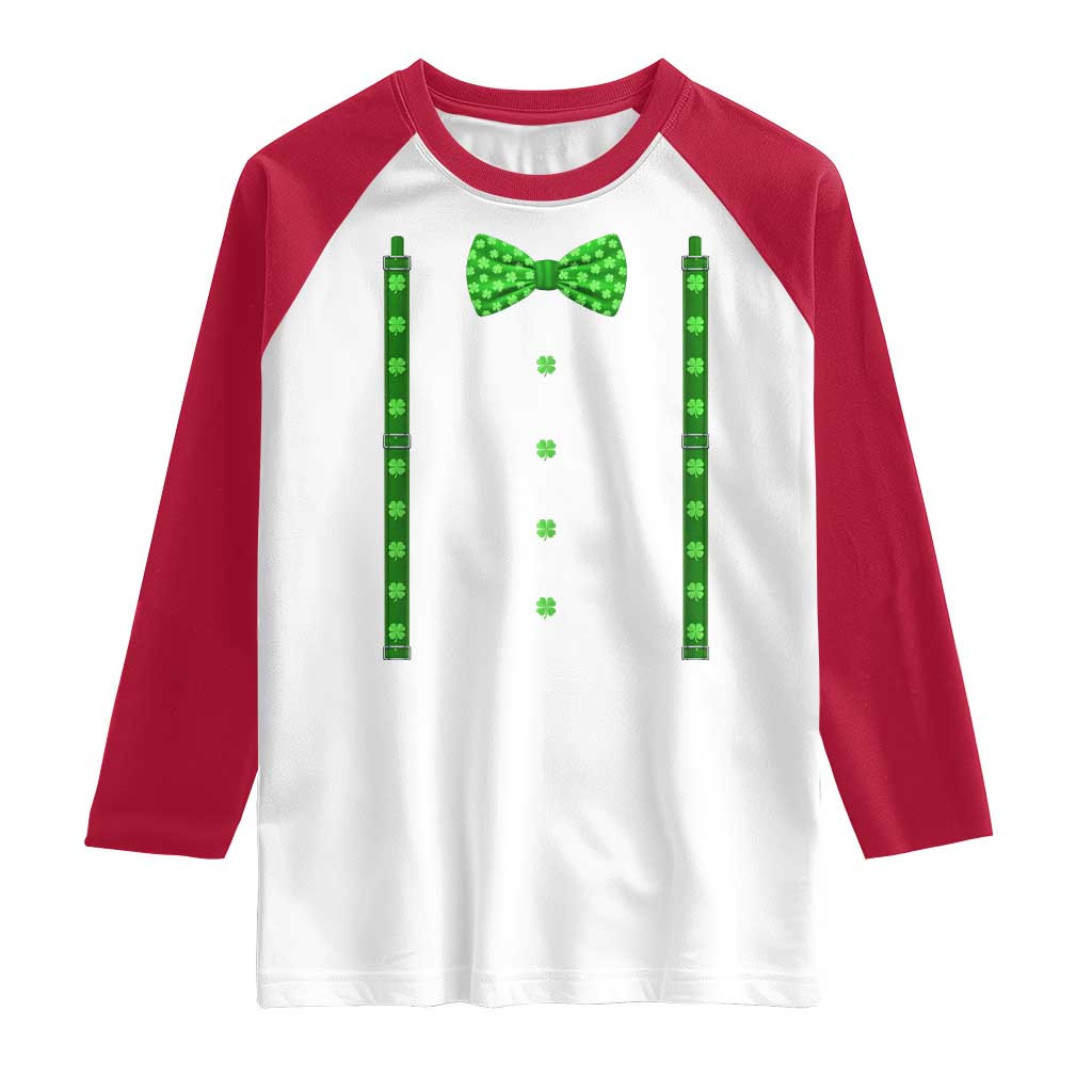 Bow Tie Suspenders St Patricks Day Costume Raglan Shirt Funny Irish Shamrock Clovers TS10 White Red Print Your Wear