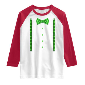 Bow Tie Suspenders St Patricks Day Costume Raglan Shirt Funny Irish Shamrock Clovers TS10 White Red Print Your Wear