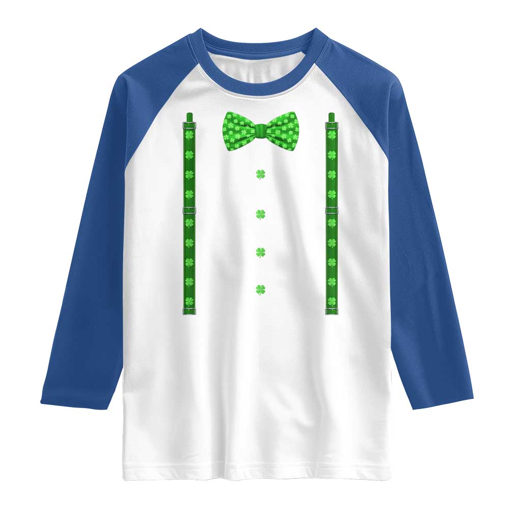 Bow Tie Suspenders St Patricks Day Costume Raglan Shirt Funny Irish Shamrock Clovers TS10 White Royal Print Your Wear