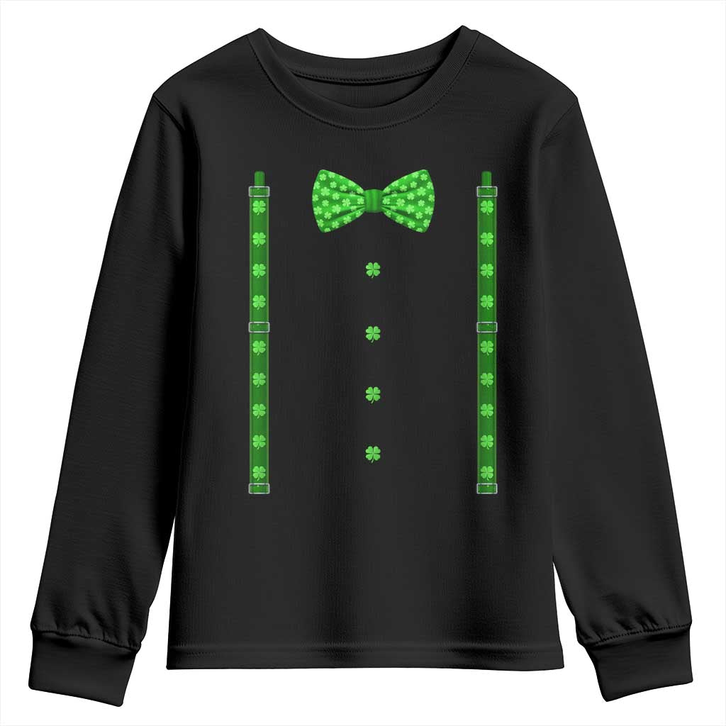 Bow Tie Suspenders St Patricks Day Costume Youth Sweatshirt Funny Irish Shamrock Clovers TS10 Black Print Your Wear