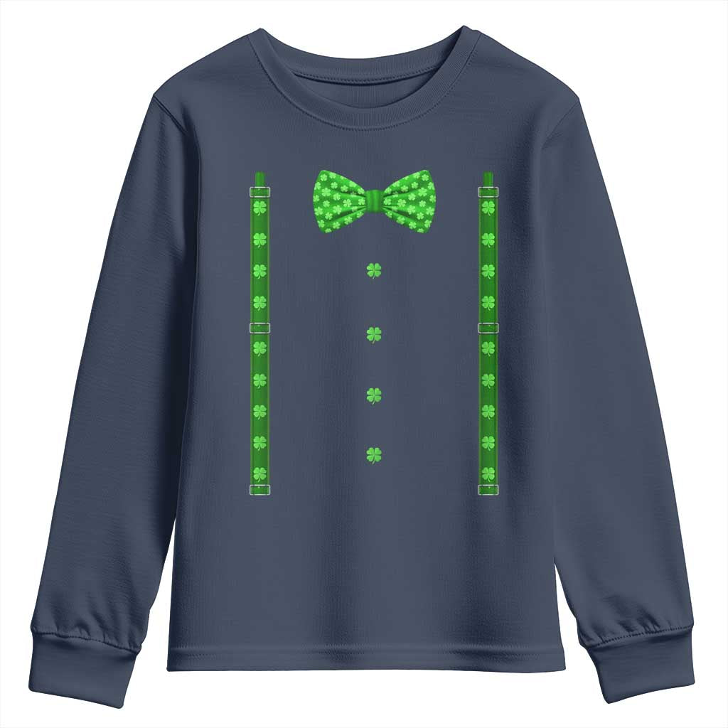 Bow Tie Suspenders St Patricks Day Costume Youth Sweatshirt Funny Irish Shamrock Clovers TS10 Navy Print Your Wear
