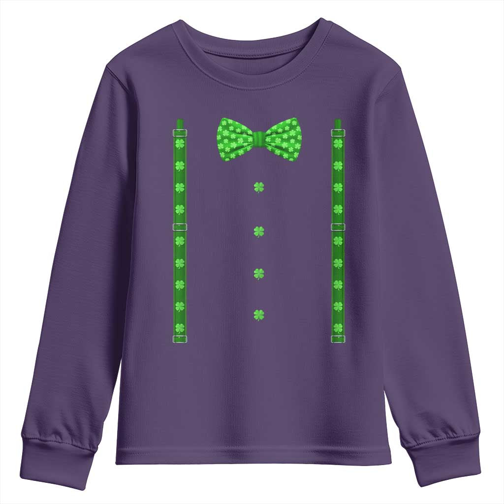 Bow Tie Suspenders St Patricks Day Costume Youth Sweatshirt Funny Irish Shamrock Clovers TS10 Purple Print Your Wear