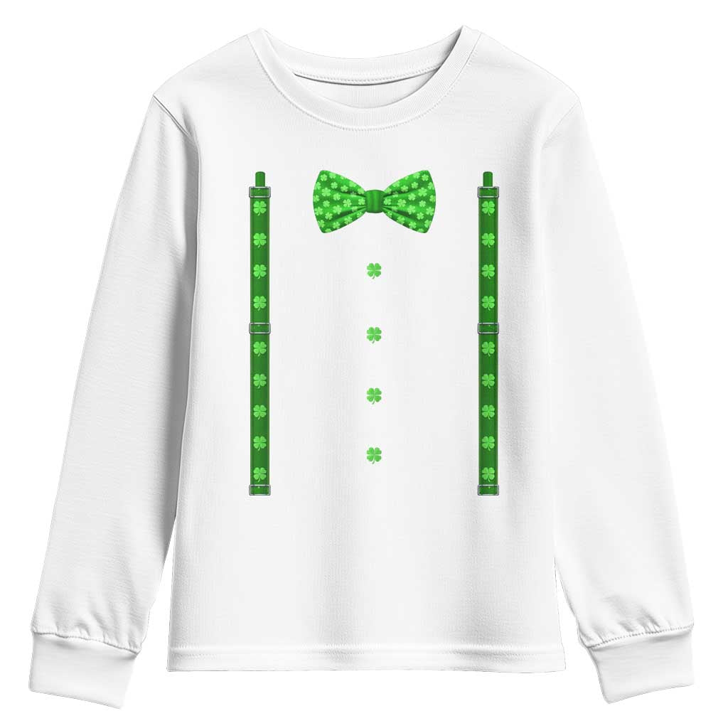 Bow Tie Suspenders St Patricks Day Costume Youth Sweatshirt Funny Irish Shamrock Clovers TS10 White Print Your Wear