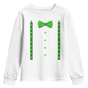 Bow Tie Suspenders St Patricks Day Costume Youth Sweatshirt Funny Irish Shamrock Clovers TS10 White Print Your Wear