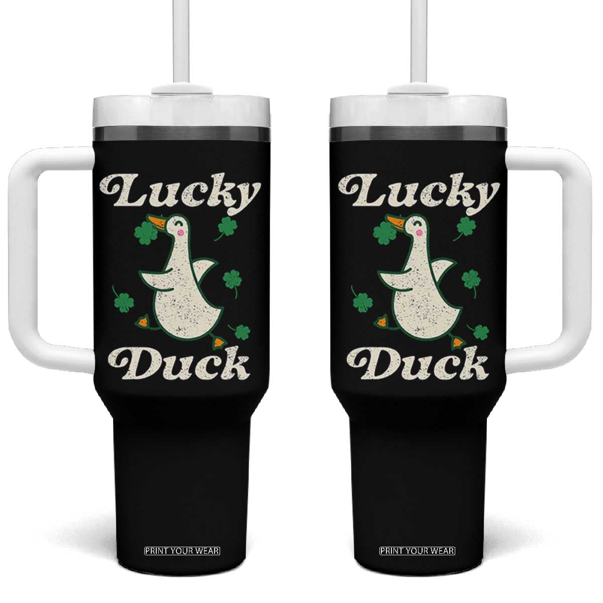 Lucky Duck Tumbler With Handle St Patricks Day Shamrock Irish TS10 One Size: 40 oz Black Print Your Wear