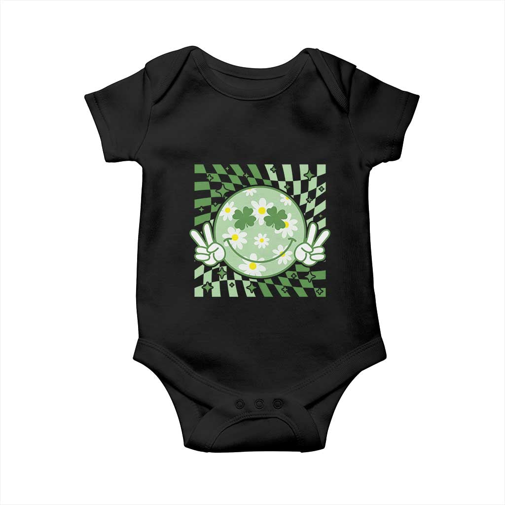 Retro Groovy Shamrock Smile Face St Patricks Day Baby Onesie TS10 Black Print Your Wear