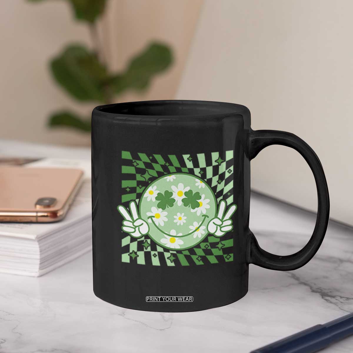 Retro Groovy Shamrock Smile Face St Patricks Day Coffee Mug TS10 Print Your Wear