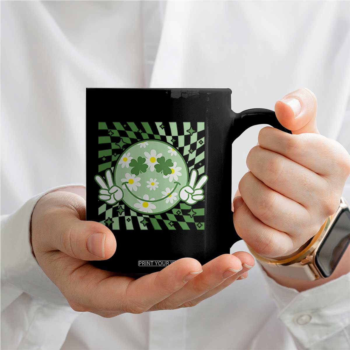 Retro Groovy Shamrock Smile Face St Patricks Day Coffee Mug TS10 Print Your Wear