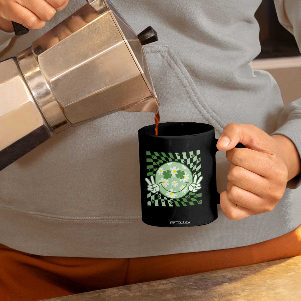 Retro Groovy Shamrock Smile Face St Patricks Day Coffee Mug TS10 Print Your Wear