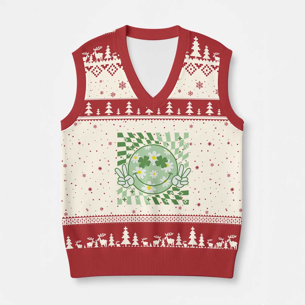 Retro Groovy Shamrock Smile Face St Patricks Day V-Neck Knit Sweater Vest TS10 Beige Red Print Your Wear