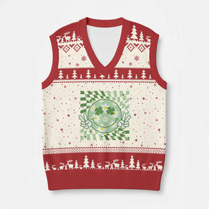 Retro Groovy Shamrock Smile Face St Patricks Day V-Neck Knit Sweater Vest TS10 Beige Red Print Your Wear
