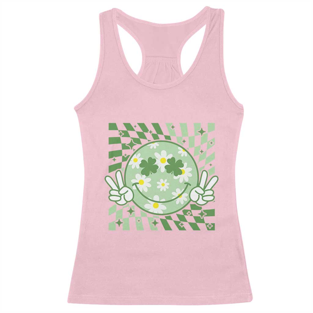 Retro Groovy Shamrock Smile Face St Patricks Day Racerback Tank Top TS10 Light Pink Print Your Wear