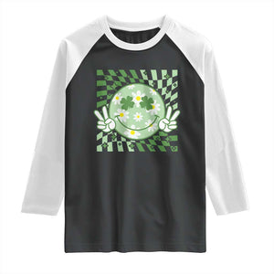 Retro Groovy Shamrock Smile Face St Patricks Day Raglan Shirt TS10 Black White Print Your Wear