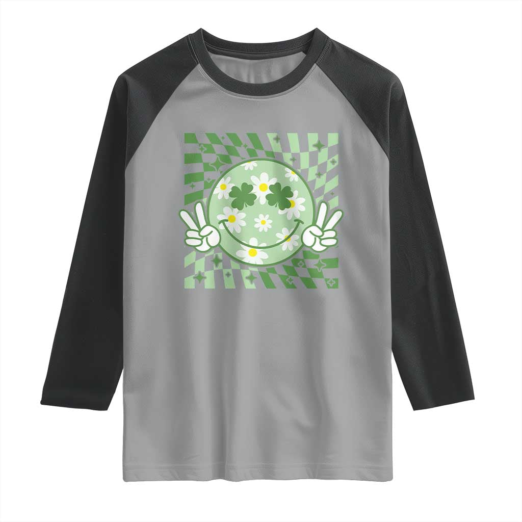 Retro Groovy Shamrock Smile Face St Patricks Day Raglan Shirt TS10 Sport Gray Black Print Your Wear