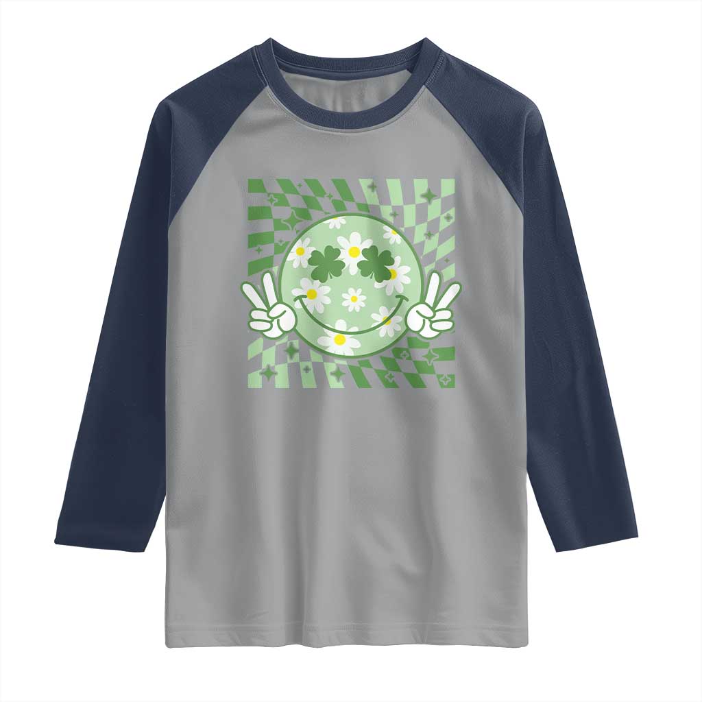 Retro Groovy Shamrock Smile Face St Patricks Day Raglan Shirt TS10 Sport Gray Navy Print Your Wear