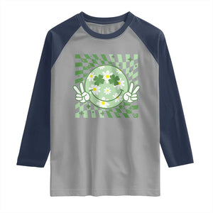 Retro Groovy Shamrock Smile Face St Patricks Day Raglan Shirt TS10 Sport Gray Navy Print Your Wear