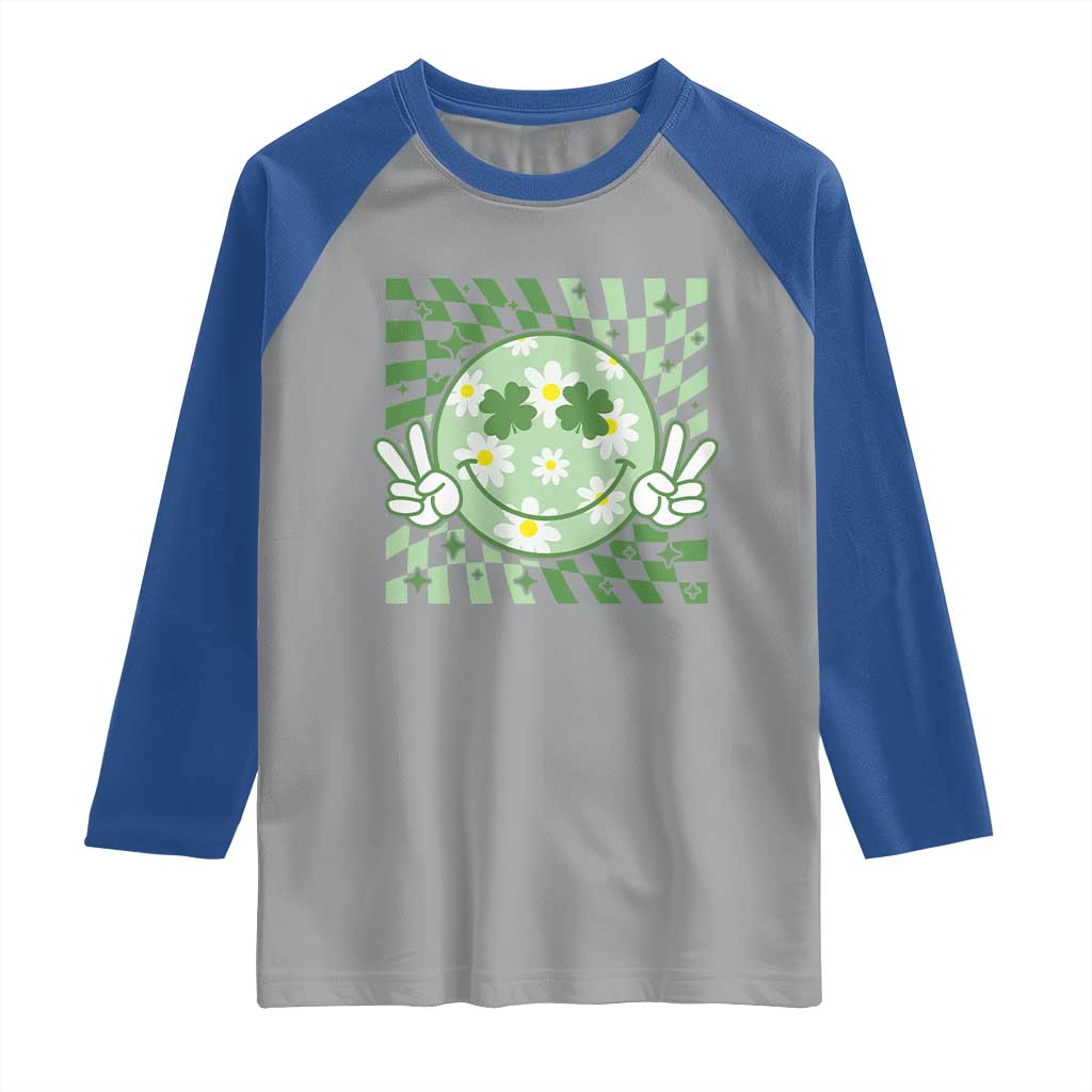 Retro Groovy Shamrock Smile Face St Patricks Day Raglan Shirt TS10 Sport Gray Royal Print Your Wear