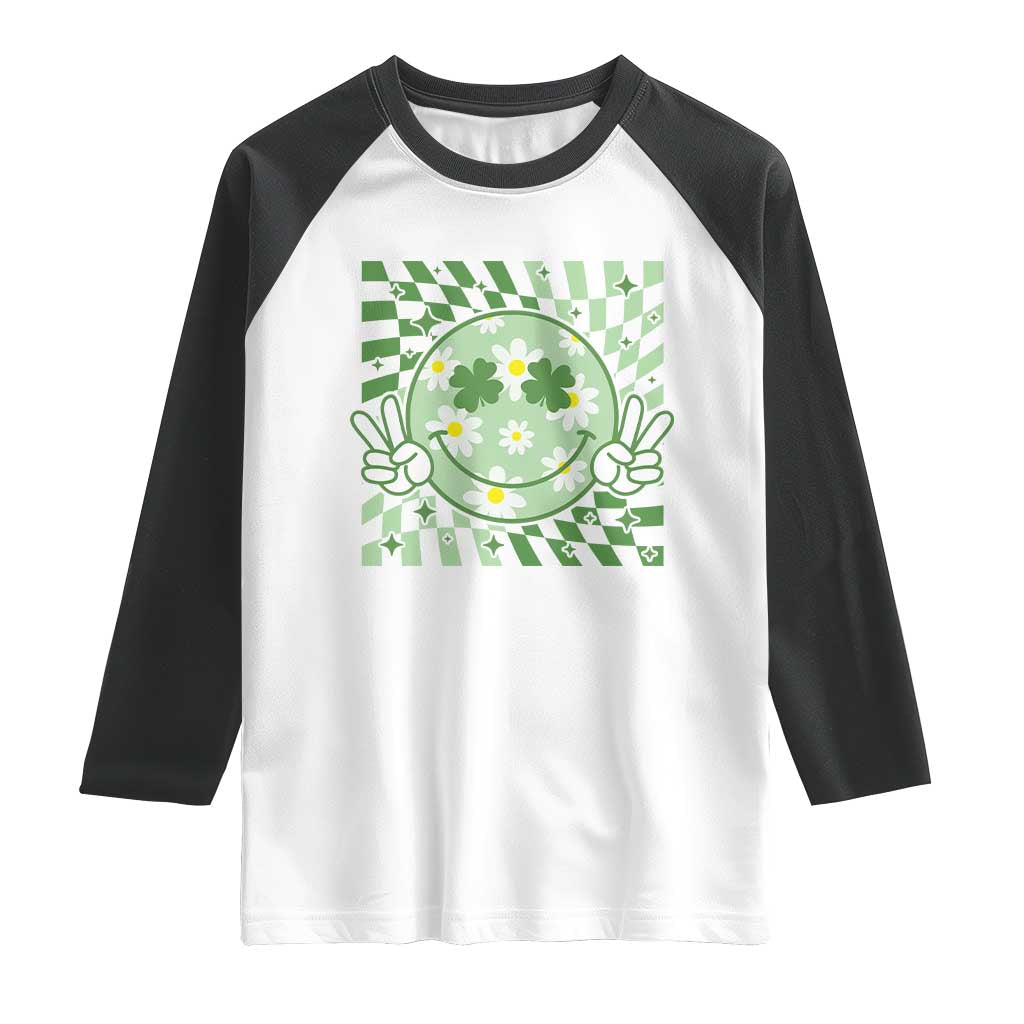 Retro Groovy Shamrock Smile Face St Patricks Day Raglan Shirt TS10 White Black Print Your Wear