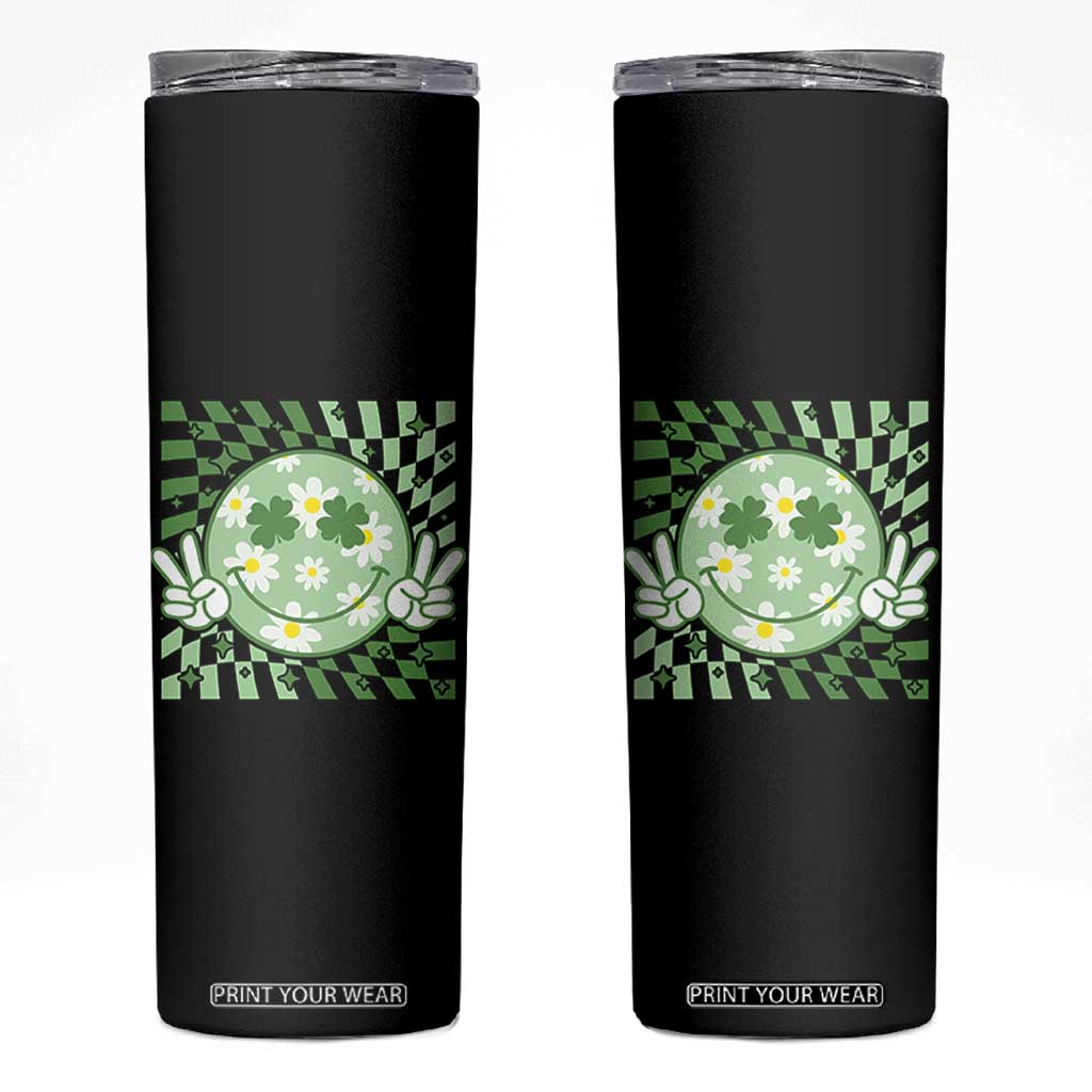 Retro Groovy Shamrock Smile Face St Patricks Day Skinny Tumbler TS10 Black Print Your Wear