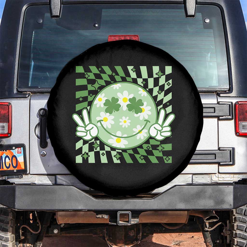 Retro Groovy Shamrock Smile Face St Patricks Day Spare Tire Cover TS10 No hole Black Print Your Wear
