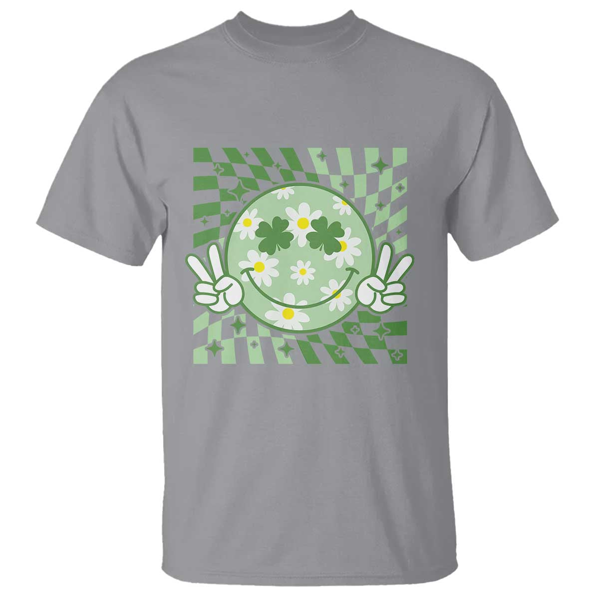 Retro Groovy Shamrock Smile Face St Patricks Day T Shirt TS10 Sport Gray Print Your Wear
