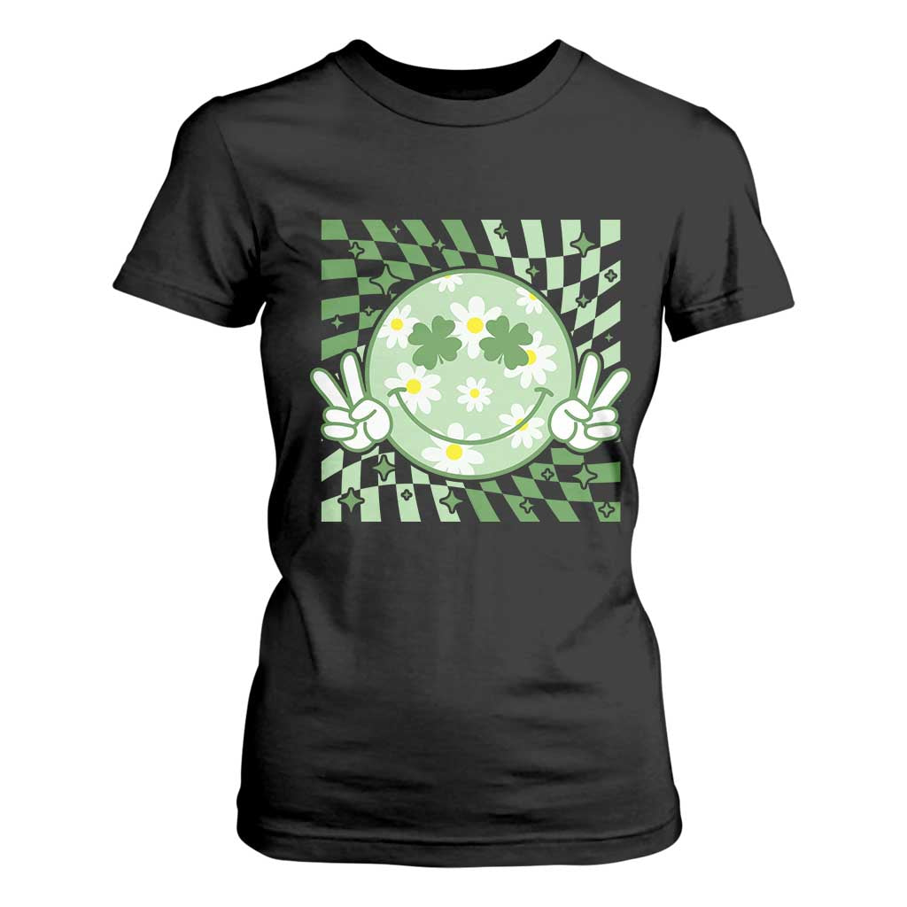Retro Groovy Shamrock Smile Face St Patricks Day T Shirt For Women TS10 Black Print Your Wear