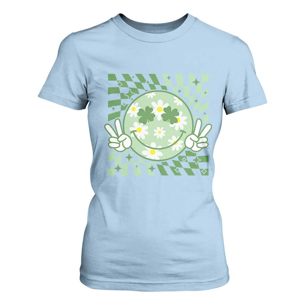 Retro Groovy Shamrock Smile Face St Patricks Day T Shirt For Women TS10 Light Blue Print Your Wear