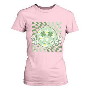 Retro Groovy Shamrock Smile Face St Patricks Day T Shirt For Women TS10 Light Pink Print Your Wear
