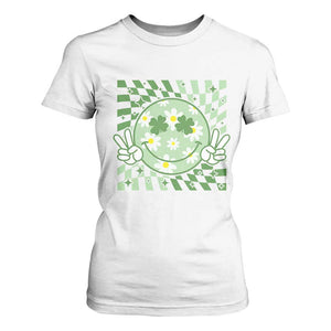 Retro Groovy Shamrock Smile Face St Patricks Day T Shirt For Women TS10 White Print Your Wear