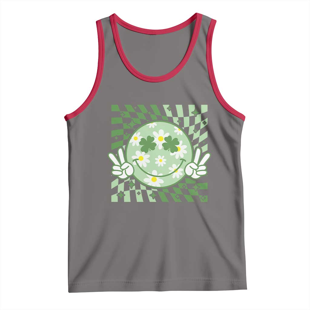 Retro Groovy Shamrock Smile Face St Patricks Day Tank Top TS10 Deep Heather Red Print Your Wear