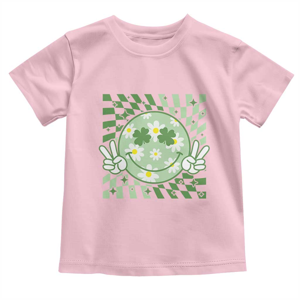 Retro Groovy Shamrock Smile Face St Patricks Day Toddler T Shirt TS10 Light Pink Print Your Wear