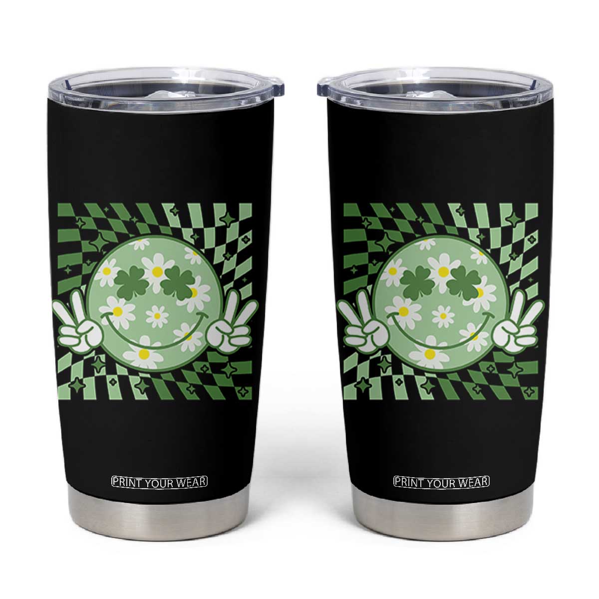 Retro Groovy Shamrock Smile Face St Patricks Day Tumbler Cup TS10 Black Print Your Wear