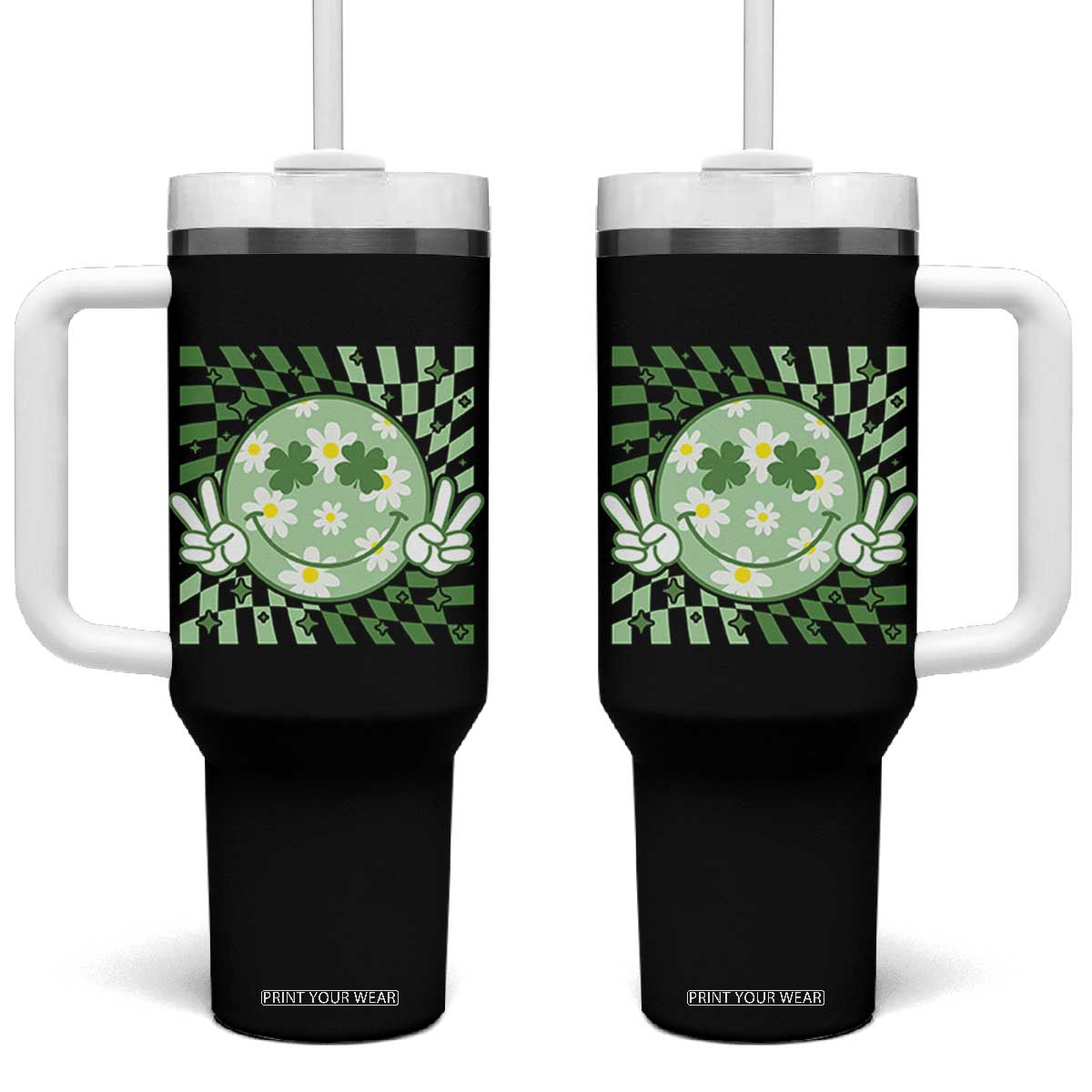 Retro Groovy Shamrock Smile Face St Patricks Day Tumbler With Handle TS10 One Size: 40 oz Black Print Your Wear