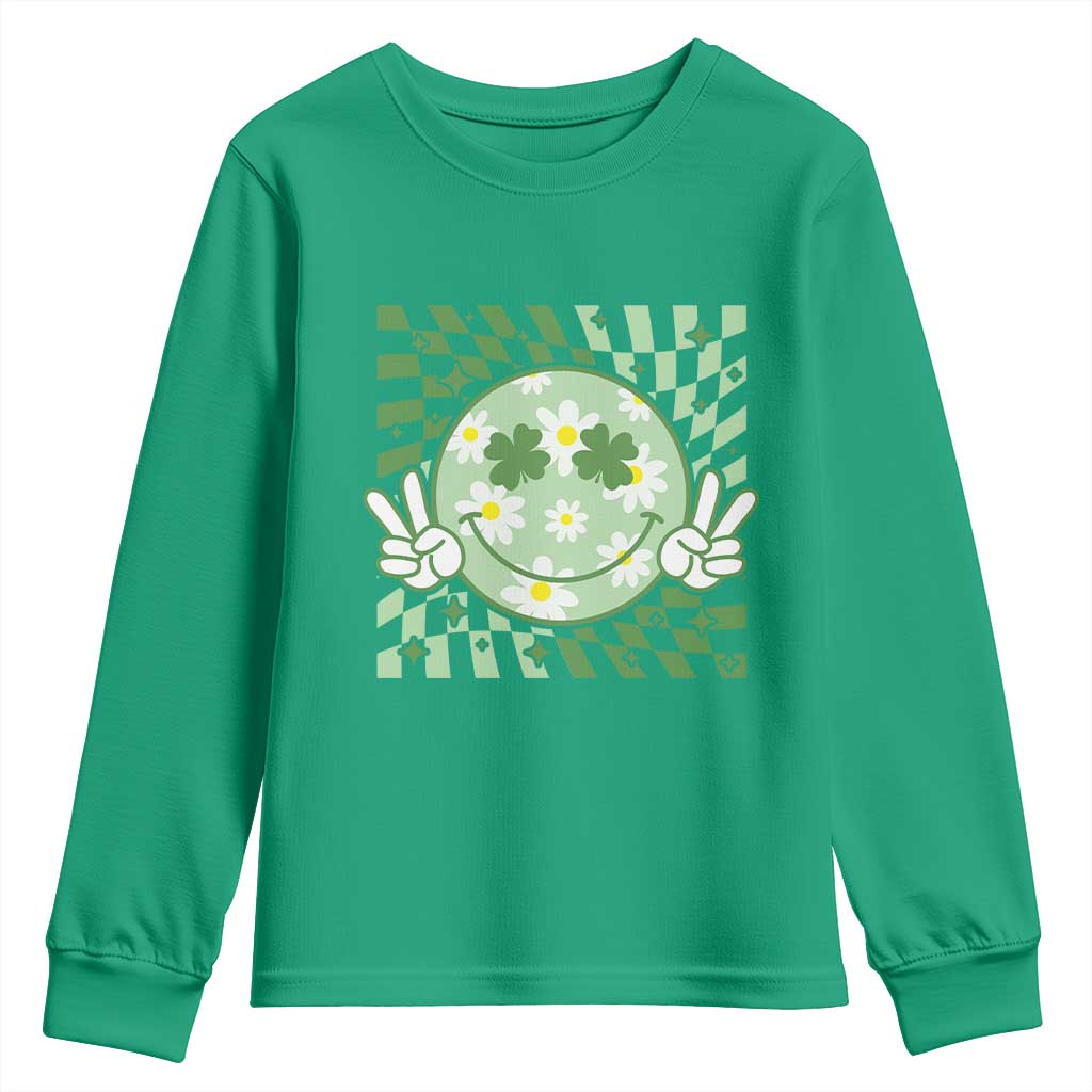 Retro Groovy Shamrock Smile Face St Patricks Day Youth Sweatshirt TS10 Irish Green Print Your Wear