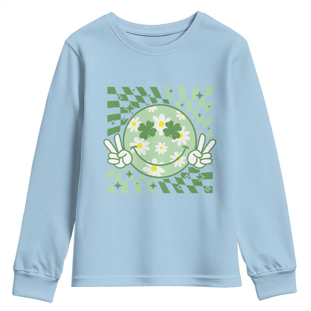 Retro Groovy Shamrock Smile Face St Patricks Day Youth Sweatshirt TS10 Light Blue Print Your Wear