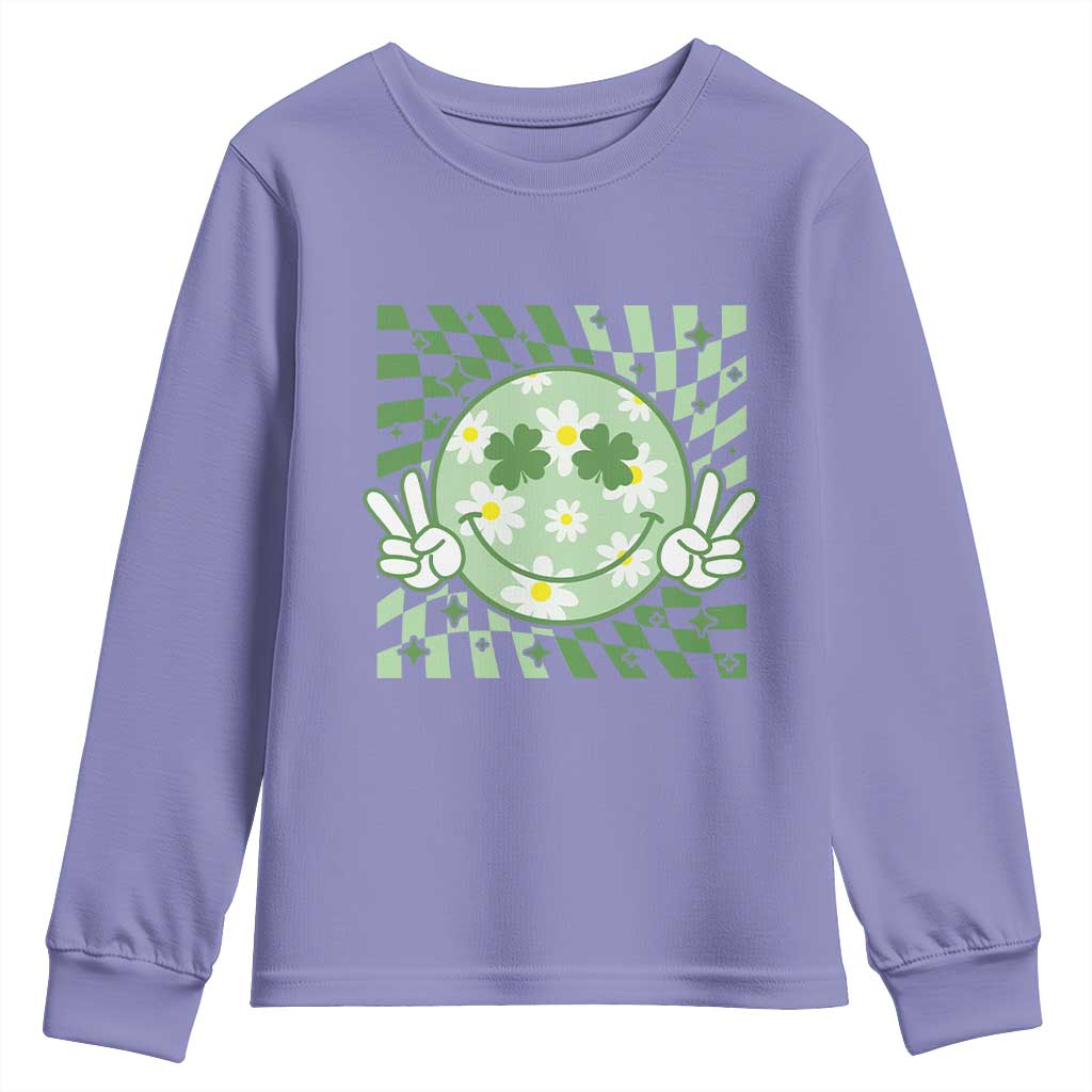 Retro Groovy Shamrock Smile Face St Patricks Day Youth Sweatshirt TS10 Violet Print Your Wear
