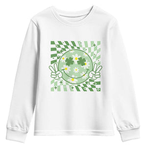 Retro Groovy Shamrock Smile Face St Patricks Day Youth Sweatshirt TS10 White Print Your Wear