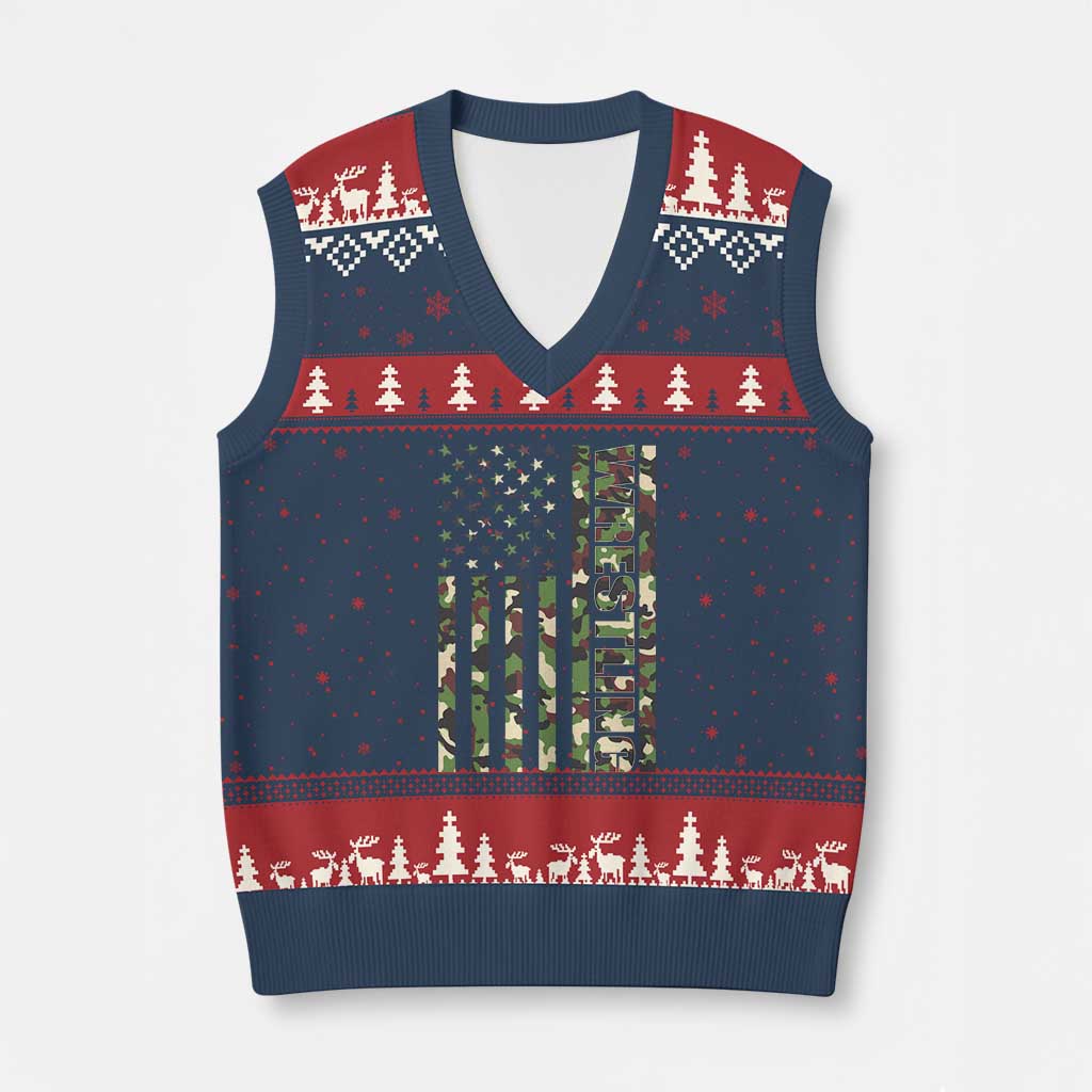 Wrestling American Flag Camo Wrestler V-Neck Knit Sweater Vest TS10 Navy Red Print Your Wear
