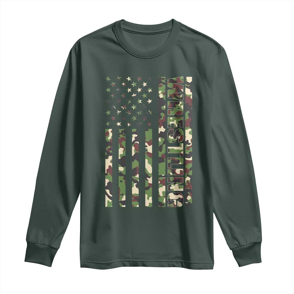 Wrestling American Flag Camo Wrestler Long Sleeve Shirt TS10 Dark Forest Green Print Your Wear