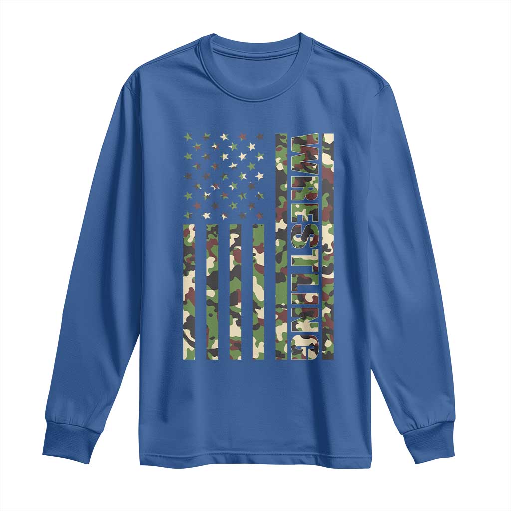 Wrestling American Flag Camo Wrestler Long Sleeve Shirt TS10 Royal Blue Print Your Wear