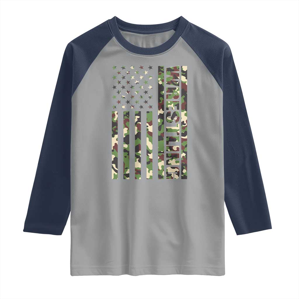 Wrestling American Flag Camo Wrestler Raglan Shirt TS10 Sport Gray Navy Print Your Wear