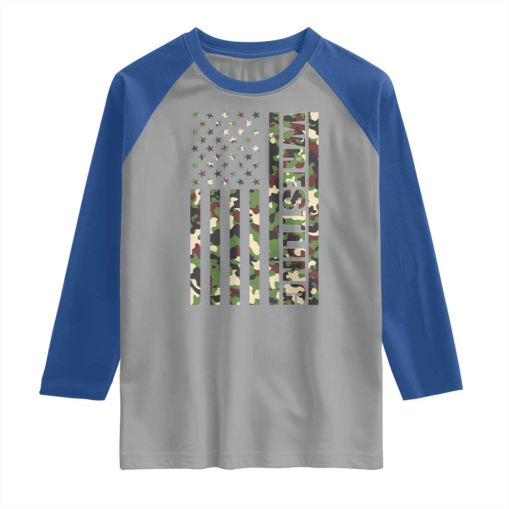 Wrestling American Flag Camo Wrestler Raglan Shirt TS10 Sport Gray Royal Print Your Wear