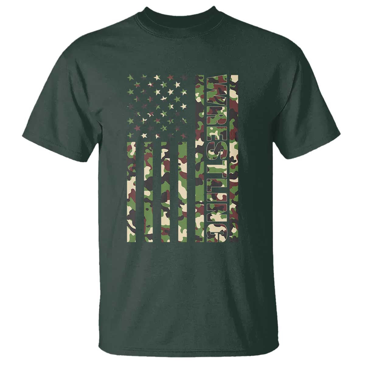 Wrestling American Flag Camo Wrestler T Shirt TS10 Dark Forest Green Print Your Wear