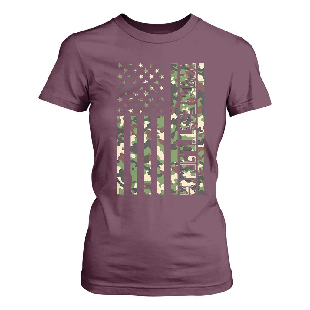 Wrestling American Flag Camo Wrestler T Shirt For Women TS10 Maroon Print Your Wear