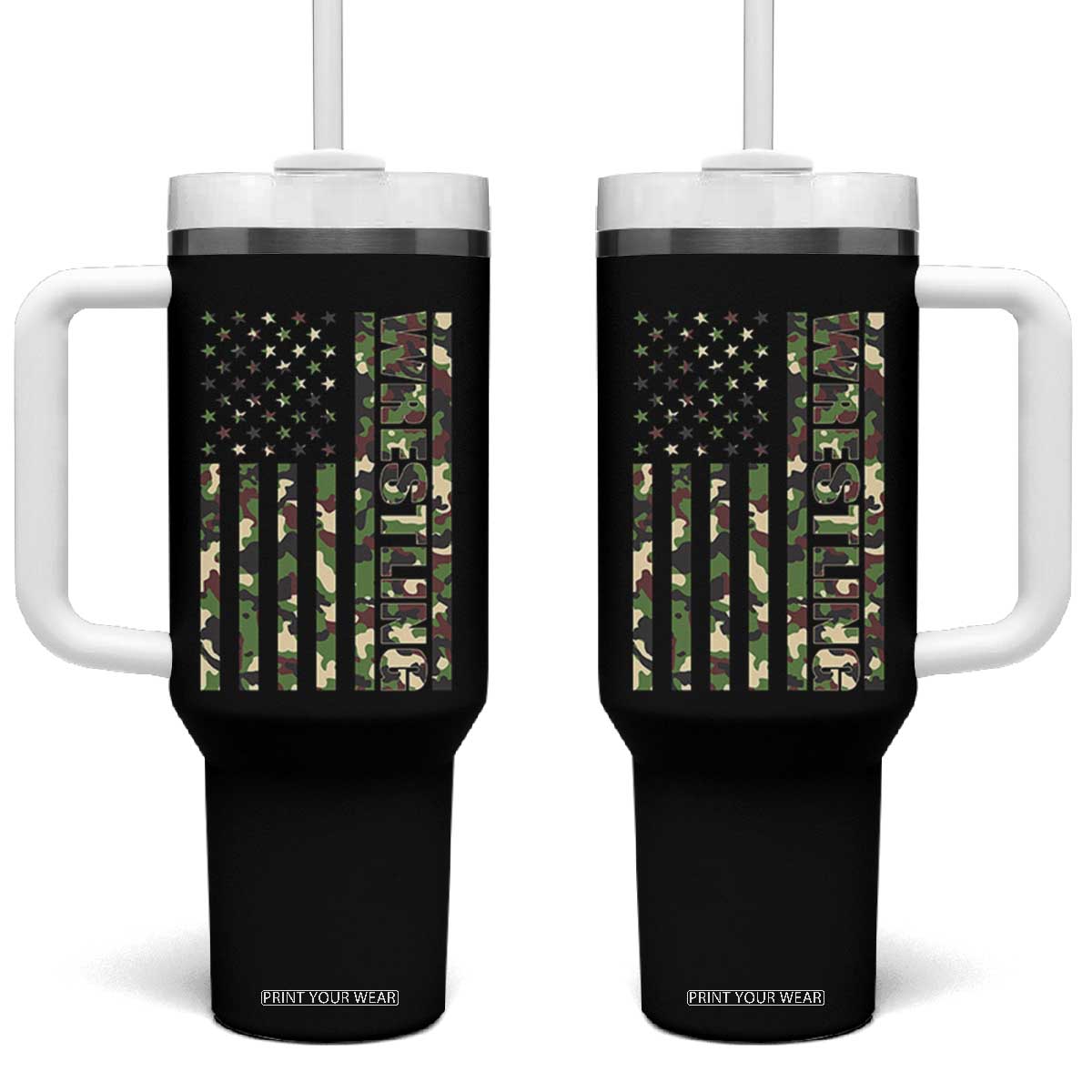 Wrestling American Flag Camo Wrestler Tumbler With Handle TS10 One Size: 40 oz Black Print Your Wear